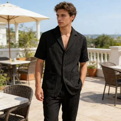 KIDWHXR Summer Man Suit Set Korean Thin Slim Short Sleeve Male 2-piece Outfit Men Single-breasted Blazer Elastic Waist Pant