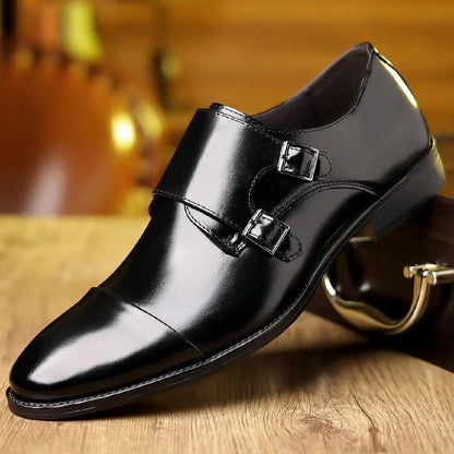 QRLQRL Luxury Leather Double Buckle Monk Strap Formal Shoes for Men Classic Cap Toe Business Office Wedding Dress Shoes