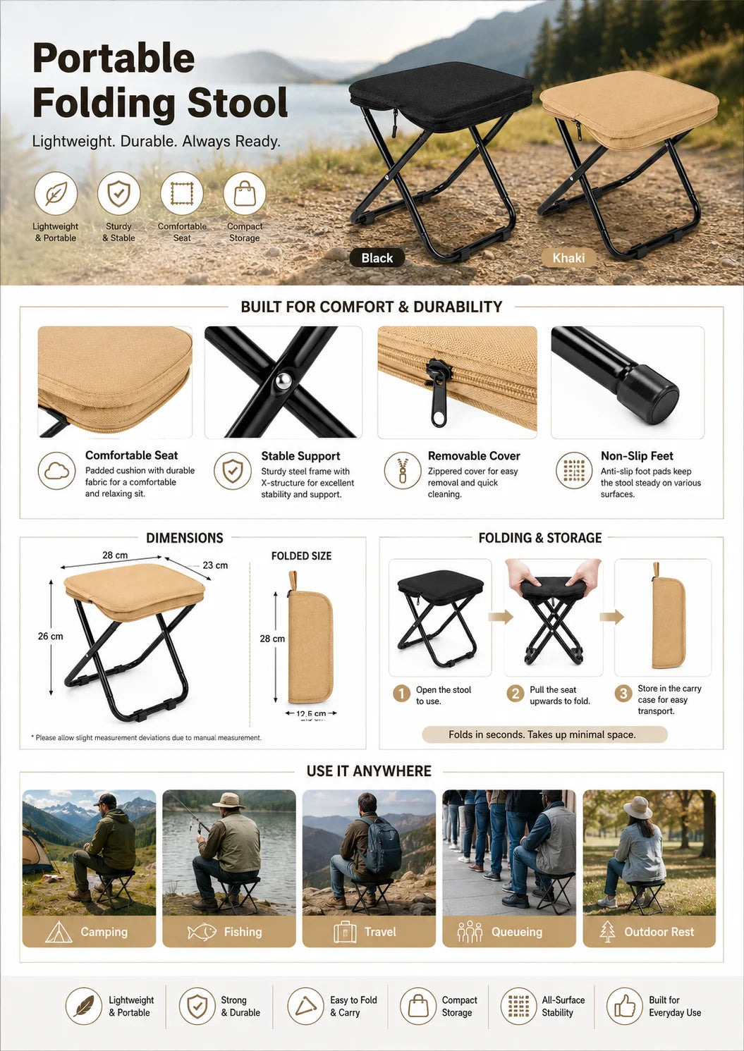 Portable Square Folding Stool Small Camping Seat Fishing Low Stool for Outdoor