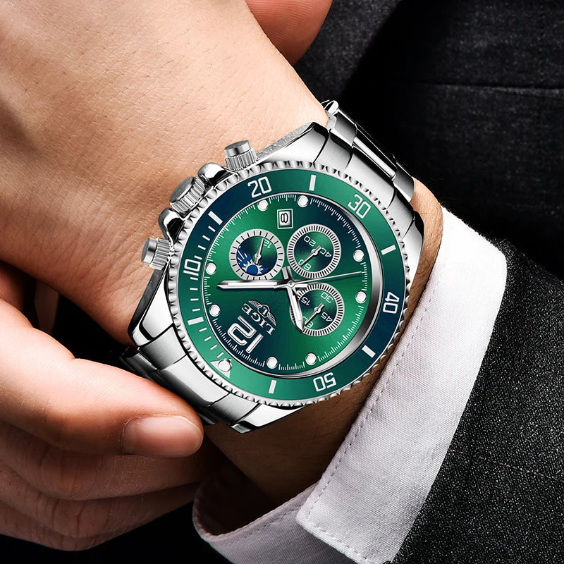 LIGE Outdoor Sport Watch For Men Fashion Military Waterproof Luminous Men Watch Round Stainless Steel Quartz Chronograph Male