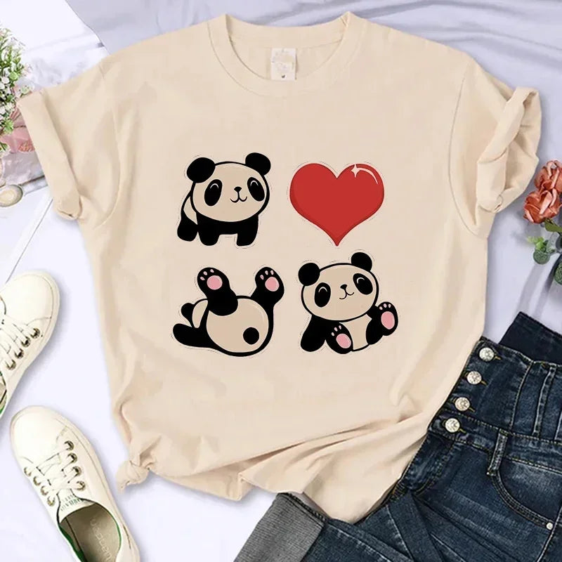 Cartoon Casual Creative T-shirt Vintage Round Neck Clothes Funny Cute Panda Printed T Shirt for Women Summer Sleeve