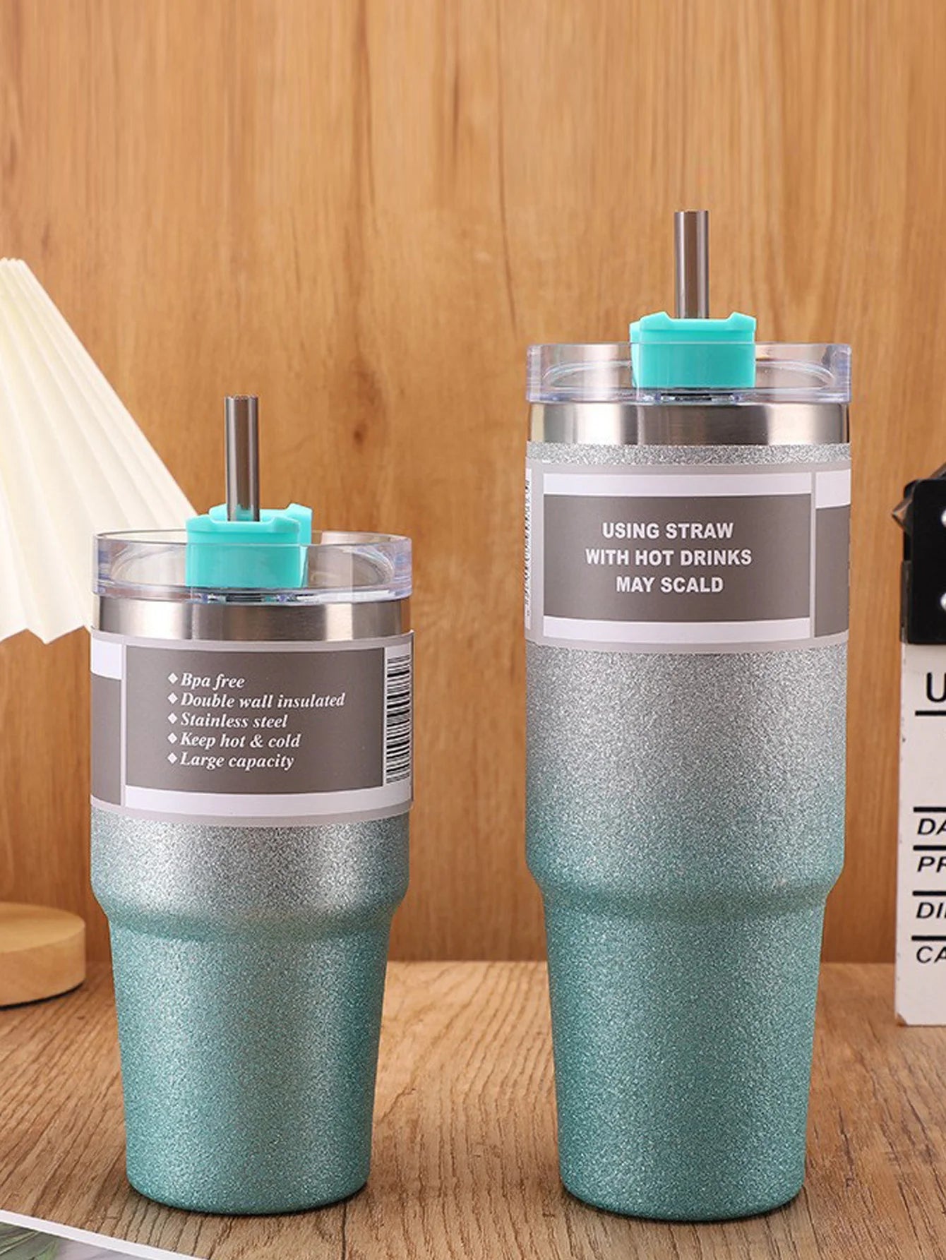 Gradient starlight double-layer stainless steel insulated and chilled cup - with a straw, flat-bottled cup, coffee cup, car cup