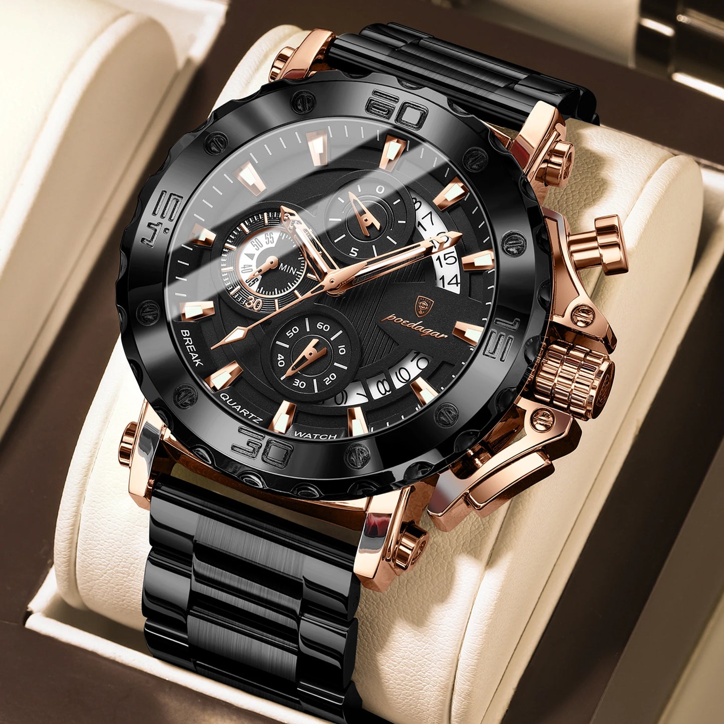 POEDAGAR Top Business Men's Wristwatch Luminous Waterproof Man Clock Chronograph Calendar Stainless Steel Quartz Watches For Men
