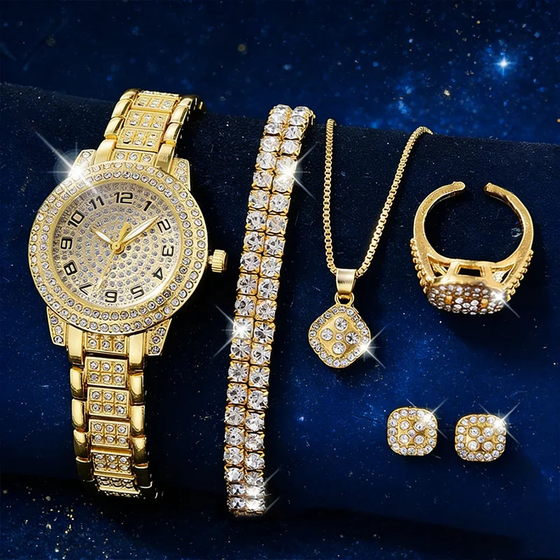 2pcs/set Luxury Women Gold Watch Fashion Ladies Quartz Diamond Wristwatch Elegant Female Bracelet Watches Set
