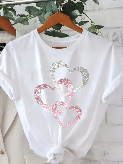 Women Clothing Women Casual Short Sleeve Heart Print Patterns Spring and Summer Fashion TShirt with Three  Aesthetic Clothes