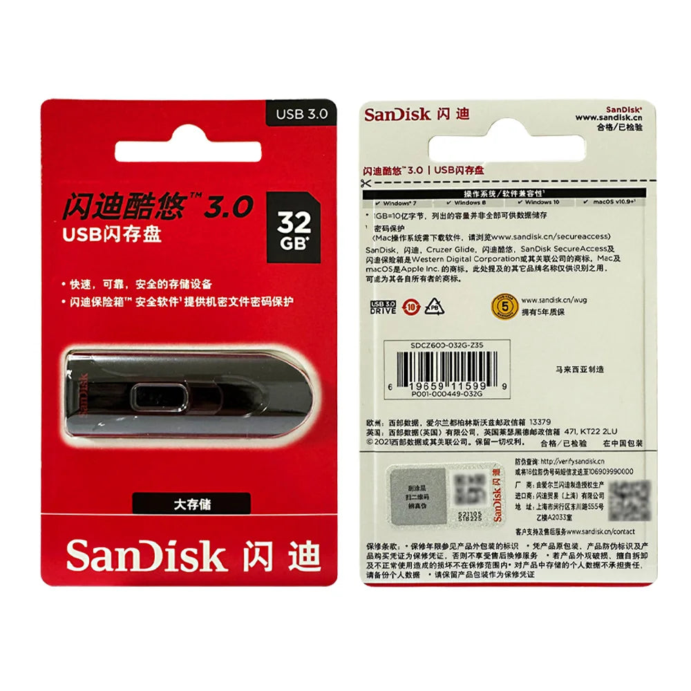 SanDisk Cruzer Glide 3.0 USB Flash Drive Pen 16GB 32GB Memory Stick 64GB 128GB 256GB retractable USB connector for Computer