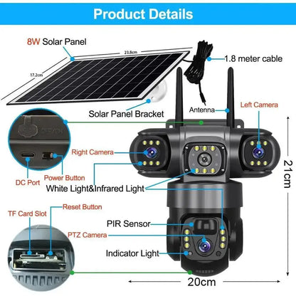 15MP IP Wifi Camera Solar Camera Outdoor 3 Lens 3 Screen 10X Zoom PIR Human Detect Cameras Night Vision CCTV Security Protection
