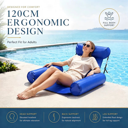 Foldable Inflatable Water Hammock Floating Chair on Water with Backrest Armrests for Adult Pool Lounging Sunbathing Relax