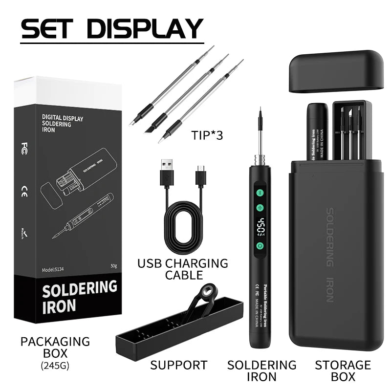 New Cordless USB Soldering Iron 1100mAh Rechargeable Digital Display Adjustable Temperature Portable Welding Iron Kit with 3 Tip