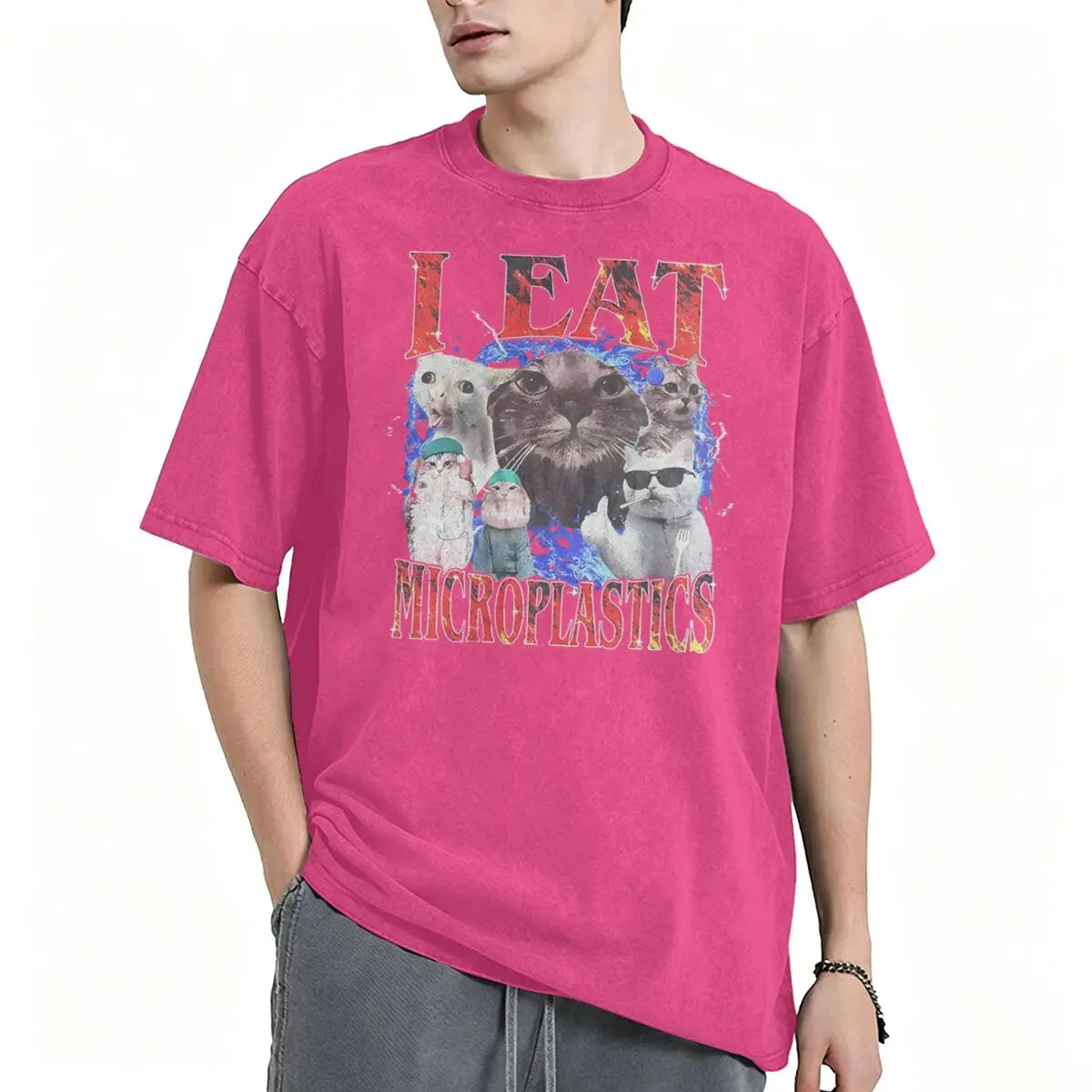 I Eat Microplastics Meme Cats Retro T Shirt 100% Cotton Vintage Washed T-shirt For Men Women