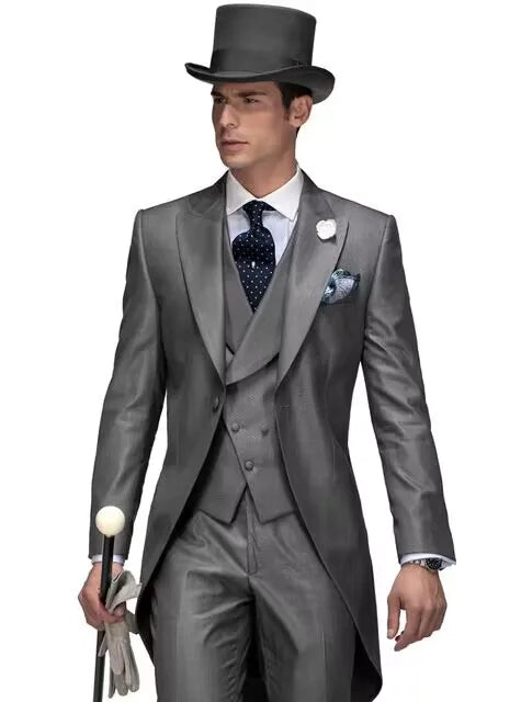 3 Piece Solid Men Suit Wedding Groom Tuxedo Long Blazer Best Man Formal Prom Male Suit Fashion Costume Homme (Jacket+Vest+Pants)