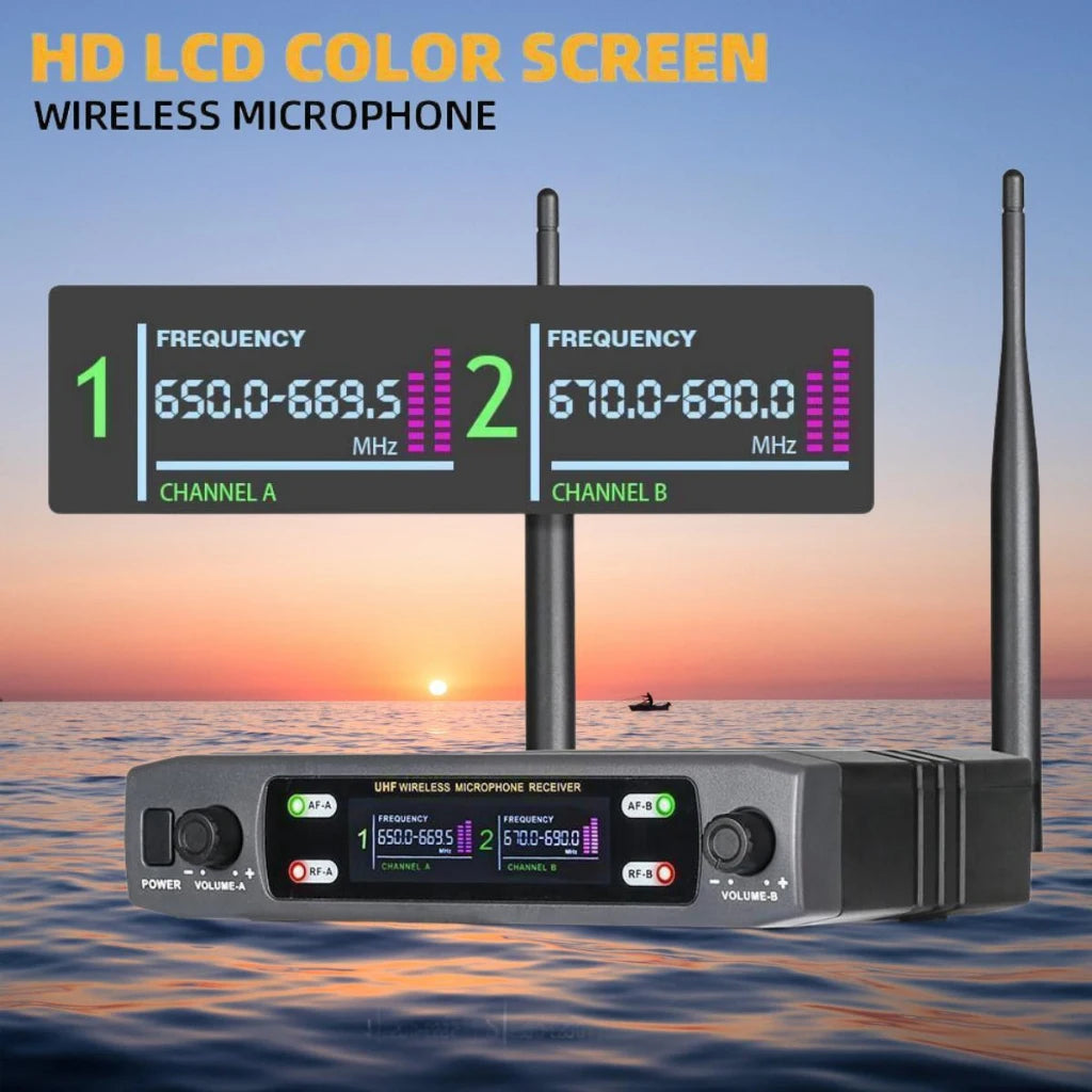 Riwoarl Professional Wireless Microphone Dual Channel UHF Fixed Channel Stage Performance Live Speech