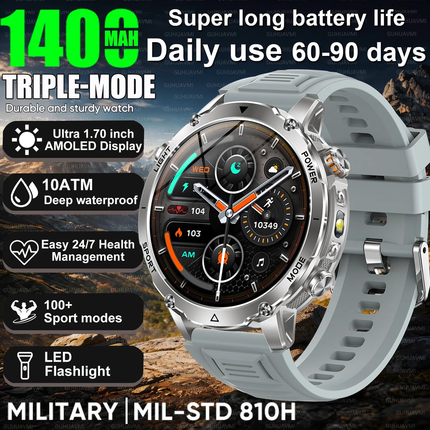 2026 Nowy Wojskowy CZOŁG Smartwatch Połączenia Bluetooth Wodoodporność 10ATM Bateria 1400mAh Monitorowanie Tętna Zegarek Sportowy Outdoor Męski