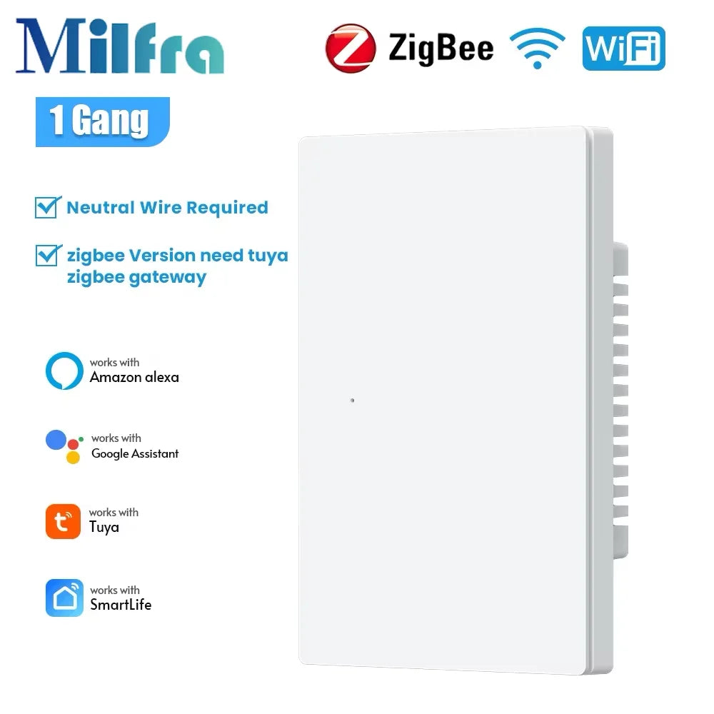 Milfra Smart Switch Zigbee WIFI Light Switch 1/2/3/4/6 Gang Voice Control Work With Alexa Google Home Tuya Control With Neutral