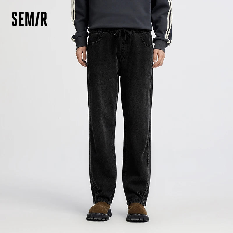 Semir Men Jeans Retro Wide Straight Side Stripe Elastic Waist 2026 Autumn Soft Denim Pants Casual Street Style Daily Wear