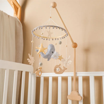 Baby Soft Felt Cartoon Wool Ball Seashell Rattles Hanging Bed Bell Newborn Mobile Crib Wooden Bracket Montessori Education Toys