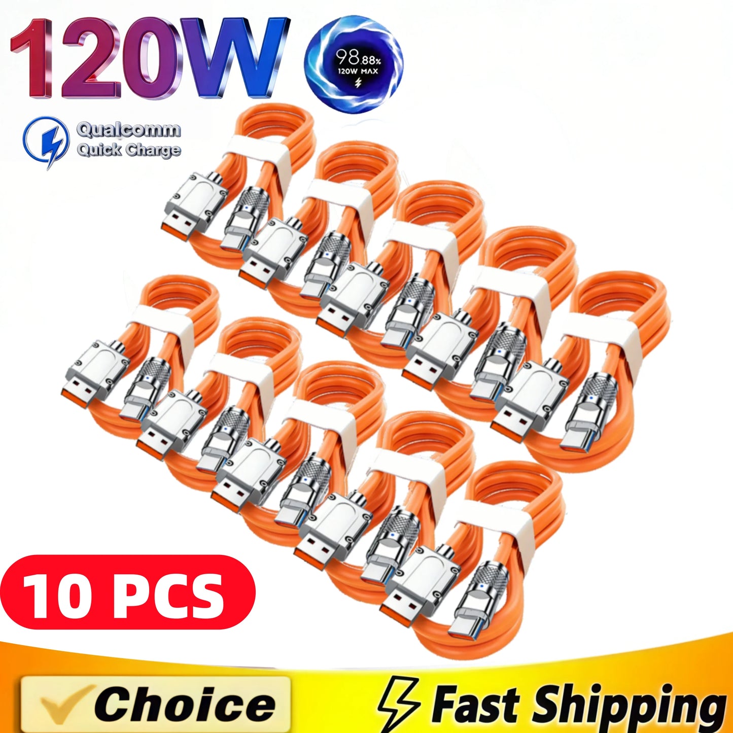 10PCS 120W Super Fast Charge Type-C Liquid Silicone Cable Quick Charge USB Lines For Xiaomi Huawei Samsung USB Phone Data Wire