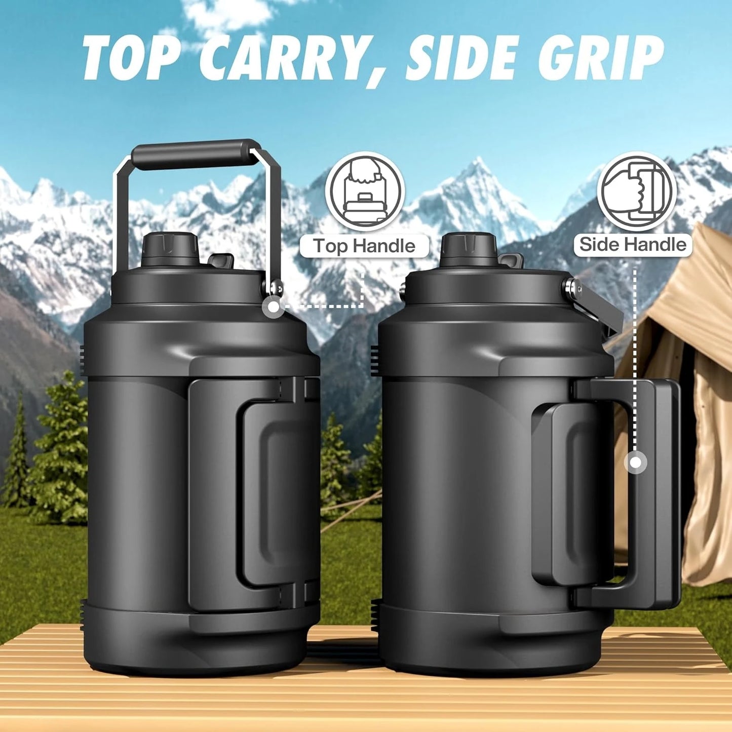 1 Gallon 128oz Midnight Stainless Steel Insulated Water Jug, 2-in-1 Straw Spout Lid with Dual Handle, Leakproof 48H Cold Retention for Gym Biking Travel Home Picnic