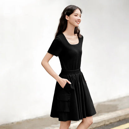 Semir Dress Women Faux Two-Piece Design Versatile 2024 Summer New Square Collar Slim Fit Short Skirt Suitable For Petite