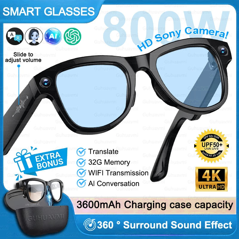 Next-Gen AI Smart Glasses 4K HD Video Recording 120+ Languages Translation 3600mAh Charging Case Bluetooth Call Music Sunglasses