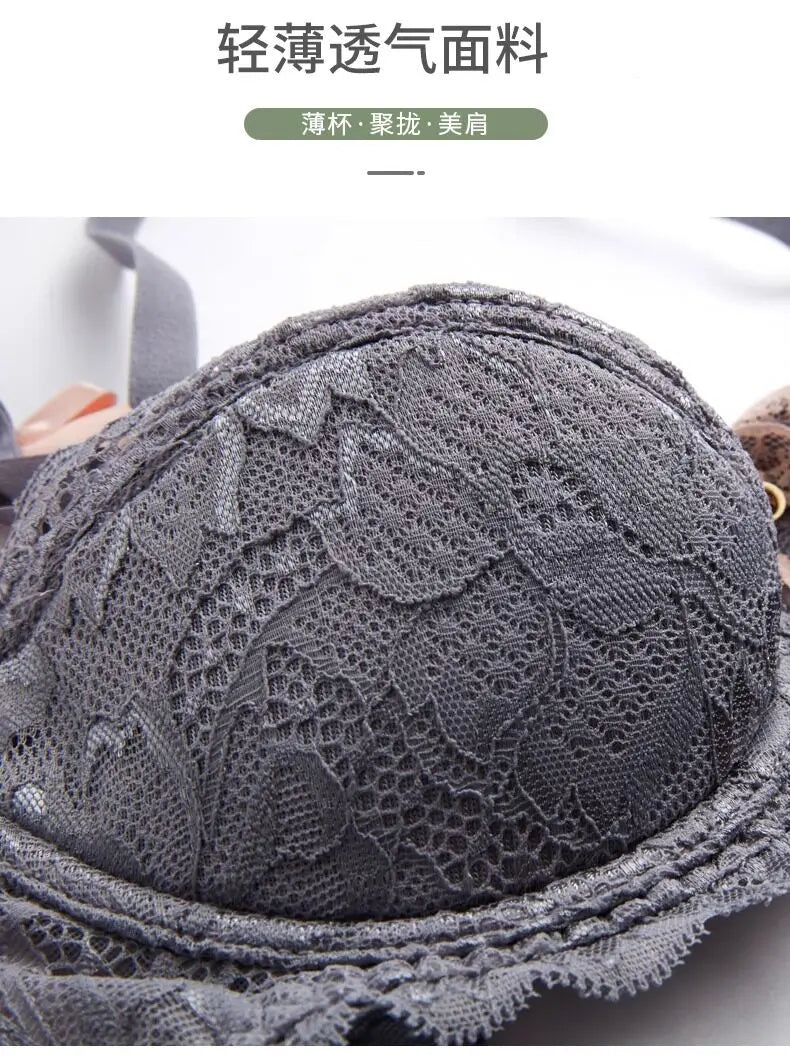 French Pure Passion Bow Shaped Shoulder Strap Lace Sexy Half Cup Push Up Bra Set Women's Thin Lingerie Big Breast Small Cup S-XL