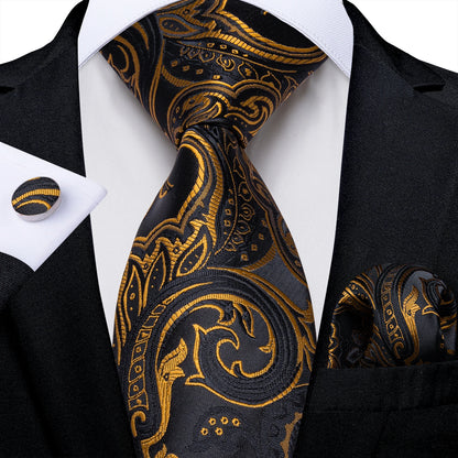 Luxury Black Gold Paisley Striped Floral Silk Men's Tie Set Handkerchief Cufflinks Wedding Party Accessories Groom Gift for Men