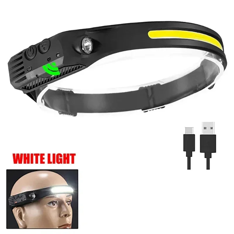 Czołówka USB, ładowalna, indukcyjna, z czujnikiem COB LED, wbudowana bateria, latarka, 5 trybów świecenia, reflektor