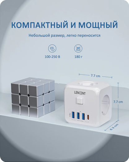 LENCENT EU Plug Power Strip with  3 AC Outlets +3 USB Charging Ports+ 1 Type C 5V 2.4A  Adapter 7-in-1 Plug Socket On/Off Switch