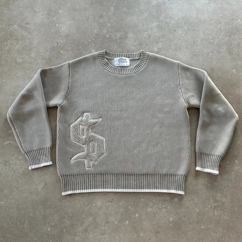 Round Neck Knitted Loose Pullover Oversized Men Full Sleeve Sweater Gothic Embroidery Daily Street Commute Y2k Outfits