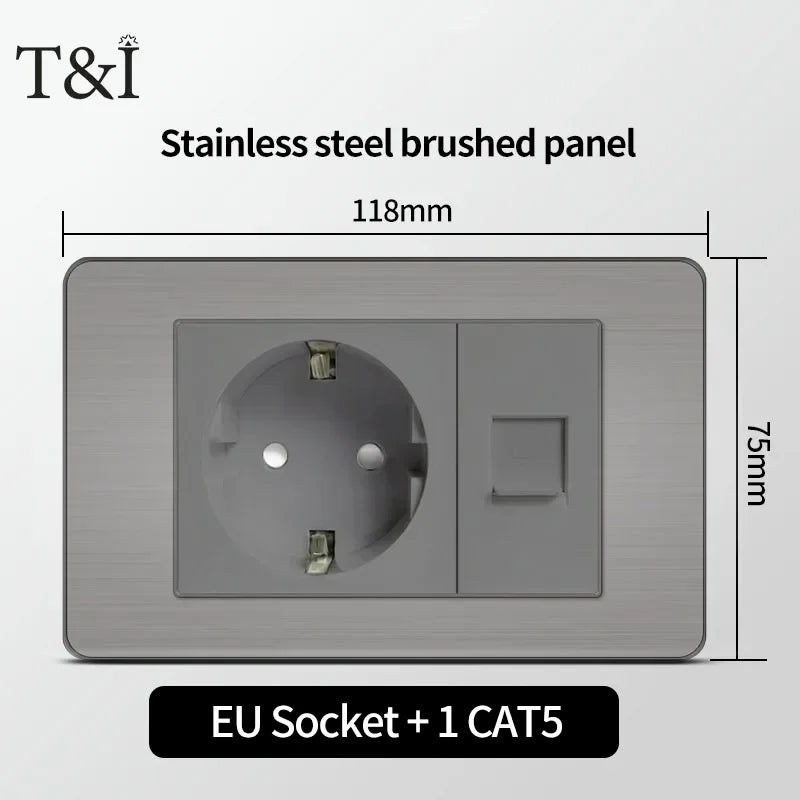 118 US Mexico Grey Stainless Steel Brushed 2way Electrical Light Switch Home Wall Socket Plug Double USB Type-C Power Outlet