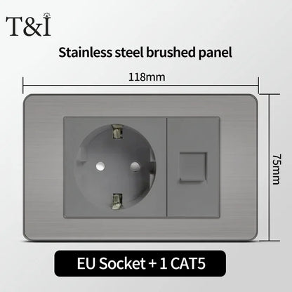 118 US Mexico Grey Stainless Steel Brushed 2way Electrical Light Switch Home Wall Socket Plug Double USB Type-C Power Outlet