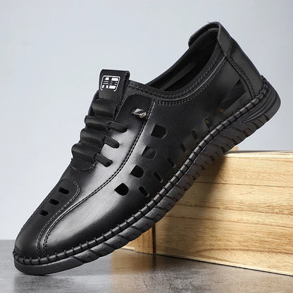 Men's Comfortable Breathable Business Hollow Loafers Slip-On Soft Bottom Sandals Easy Wear Hole Hole Shoes-HT2273