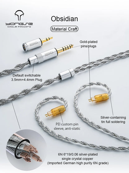 Yongse Obsidian Cable Silver-plated Single Crystal Copper Earphones Upgrade Cable Switchable Plug: 3.5mm +4.4mm