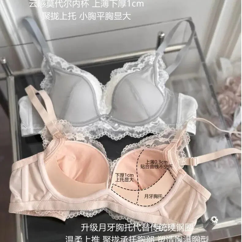 French Style Lace Satin Splice Bra Set Women Small Chest Gathered Lift Up Comfortable Soft Daily Underwear Lingerie Suit 32-38AB