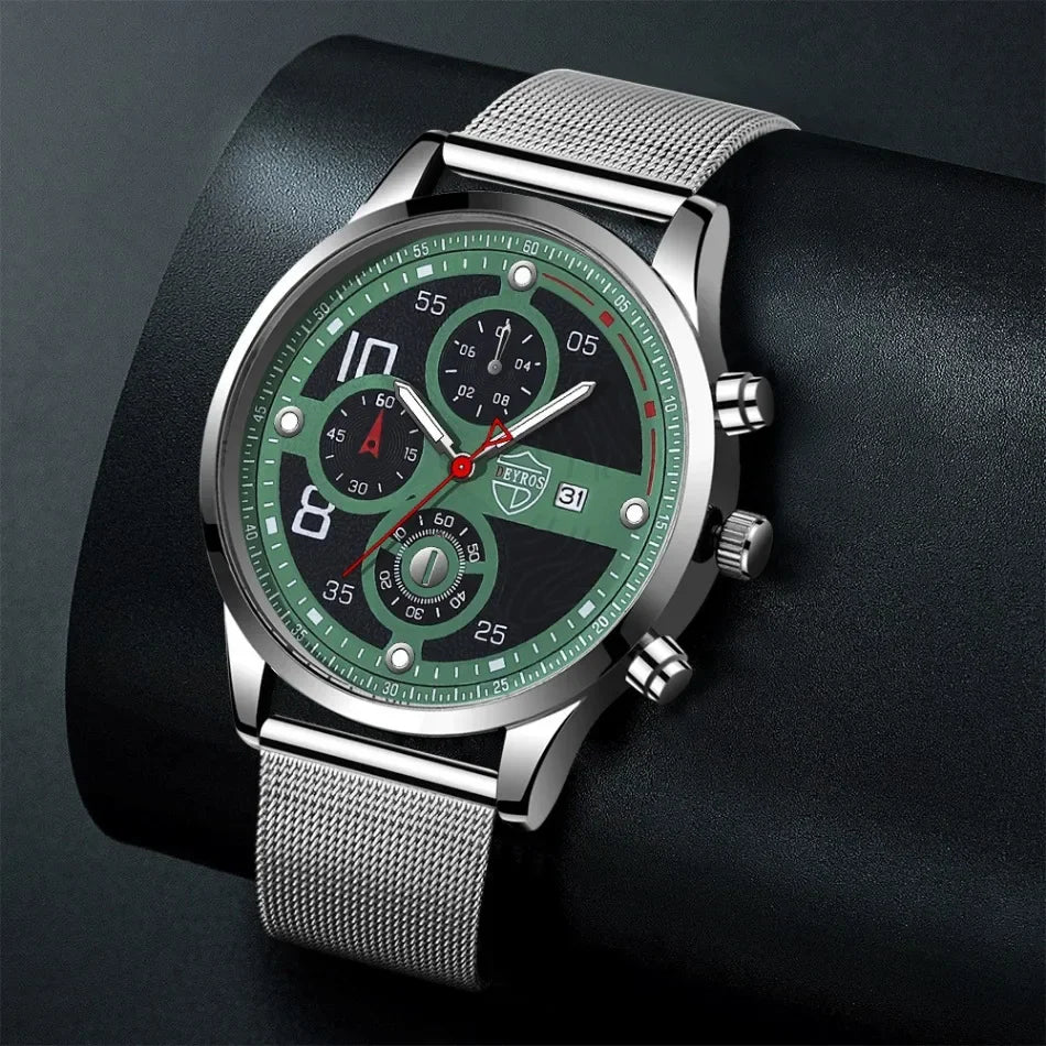 DEYROS Luxury 1/6 Pcs/ Set Men's Watch Set Quartz Outdoor Mesh Alloy Strap Trendy Style Men's Watches Gift Ideas