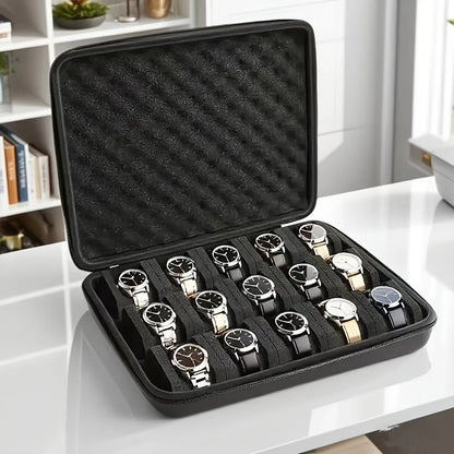 A Watch Box with 15 Compartments,Featuring Shockproof Foam Padding And a Portable Hard Shell Design,for Home Storage