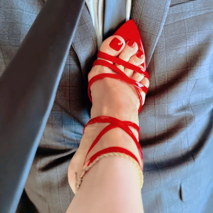 2026 new summer pointed toe exposed toe cross buckle with thin heel sandals, feminine red soled high heels, strap shoes