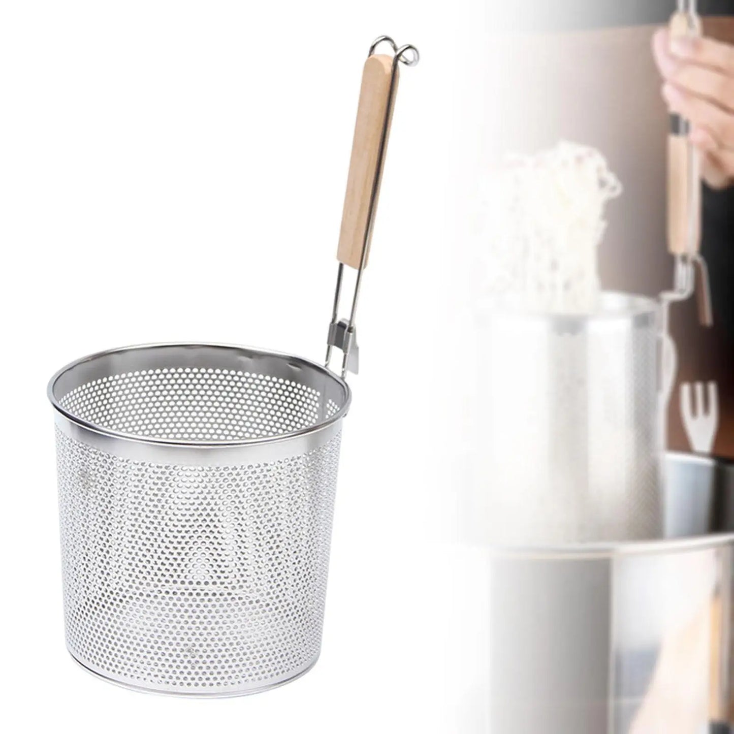 Stainless Steel Pasta Strainer Frying Serving Basket with Wood Handle for Onion