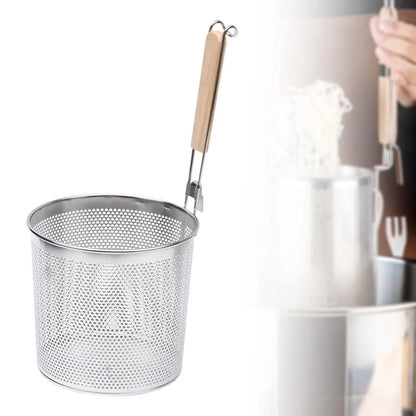 Stainless Steel Pasta Strainer Frying Serving Basket with Wood Handle for Onion