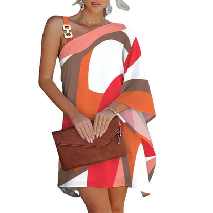 2026Women's New Printed Sexy Asymmetric One-Shoulder Strapless Dress, Elegant Style, Suitable for Summer