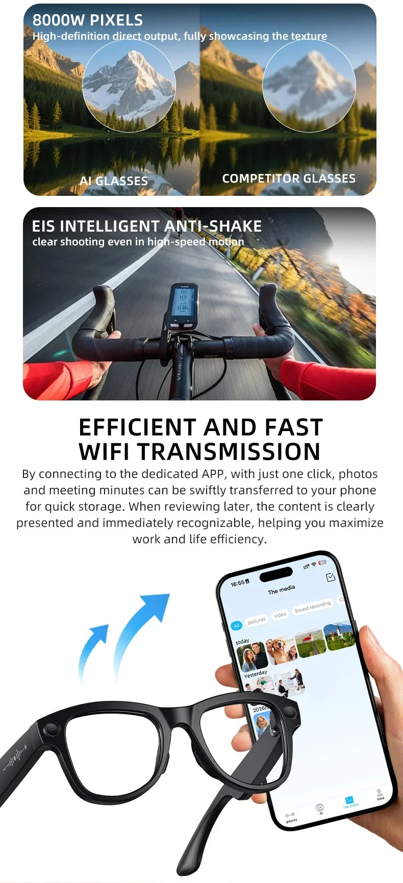 2026 New Smart Glasses Video Recording AI Dialogue Translation 800W HD Camera EIS Anti-Shake Shooting Smart Glasses Men Women