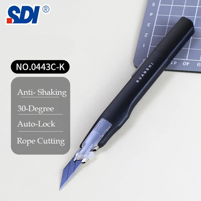 SDI 9mm Anti-Shaking Utility Knife 30-Degree Angle Sharp Black Steel Blades Box Cutter Auto Lock Professional Craft DIY Opener