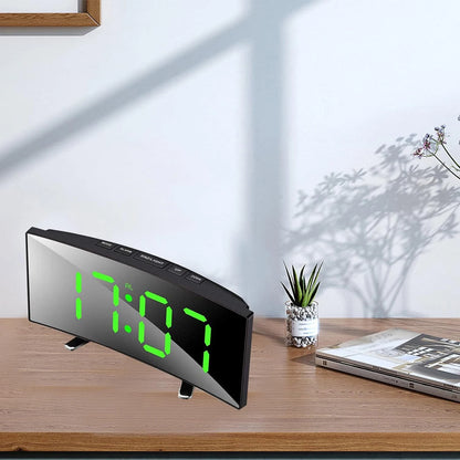 LED Alarm Clock 7'' Mirror Electronic Clock Large Scree Curved Digital Alarm Clock with 5-Min Snooze for Home Bedroom Office