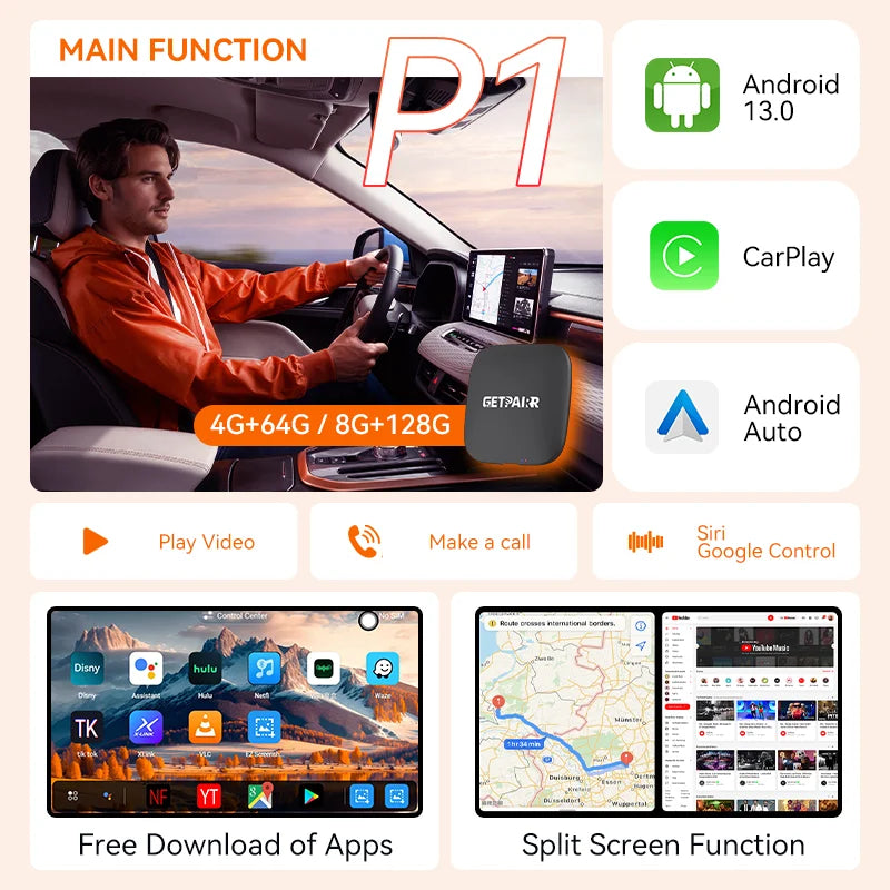 GetPairr P1 Android 13 AI Box 8GB 128GB Wireless CarPlay Android Auto Aadpter Youtube Video Box for Car with Wired Carplay