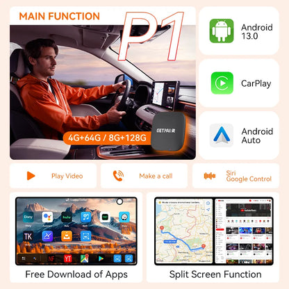 GetPairr P1 Android 13 AI Box 8GB 128GB Wireless CarPlay Android Auto Aadpter Youtube Video Box for Car with Wired Carplay