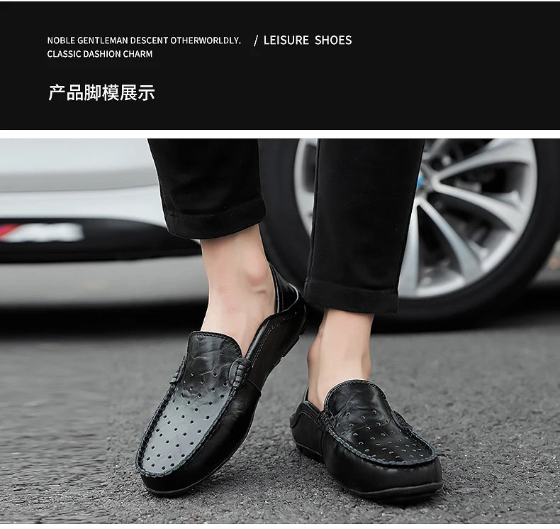 Men's Driving Shoes Large Size Loafers Hollow out Casual Bean Bean Shoes Leather Slip-On Footwear for Men