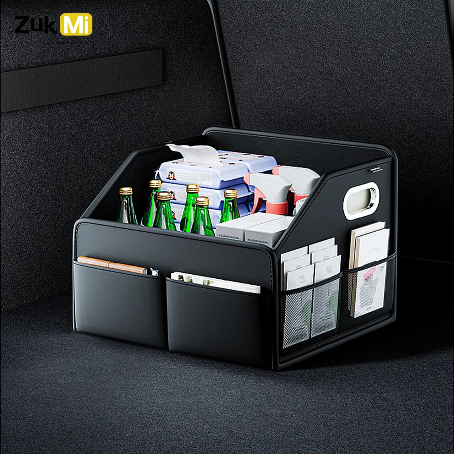 ZukMi Premium Leather Foldable Car Trunk Organizer - Waterproof Universal Storage Box for SUVs, Sedans & Trucks (22.5L Capacity)