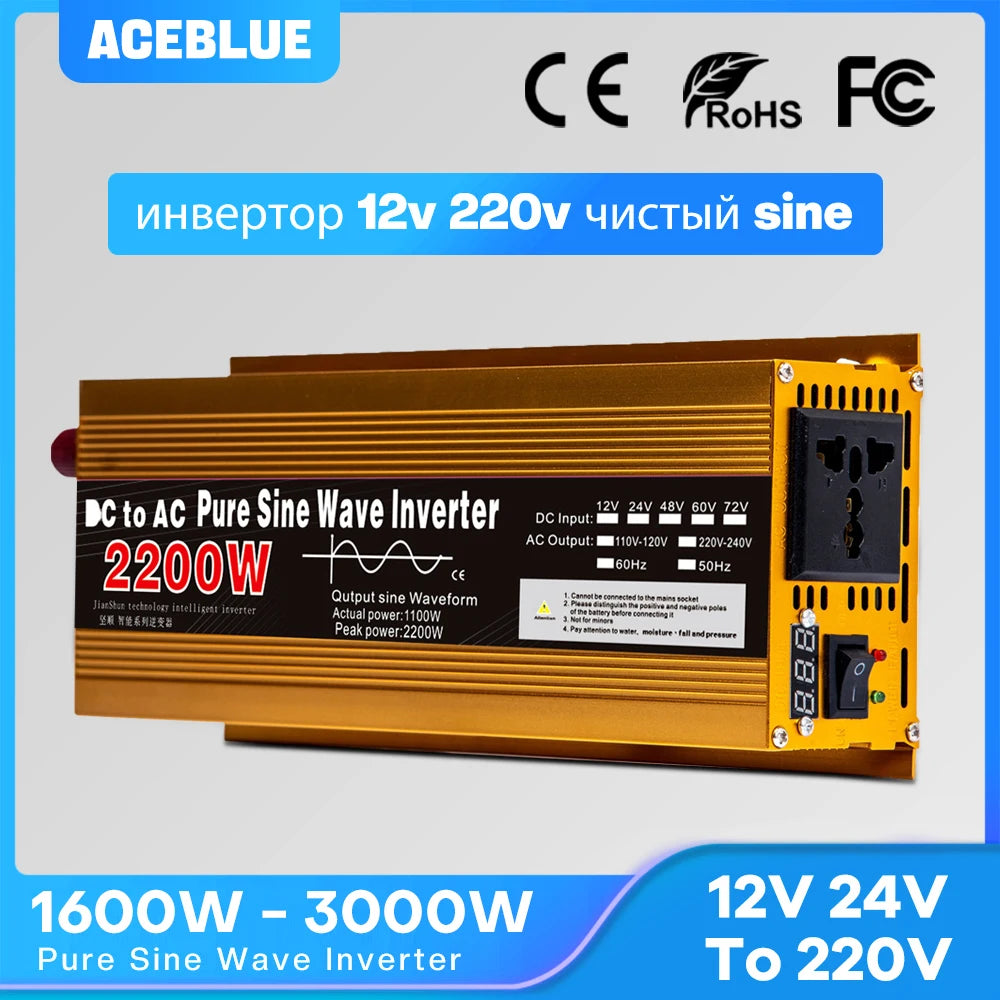 Inwerter 12V 220V Czysta Sinusoida 1600W 2200W 3000W DC 12V Na AC 220V Przenośny Zasilacz Przetwornica Samochodowy Inwerter Solarny