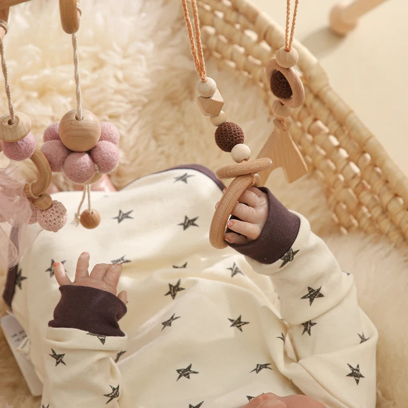 1set Baby Wooden Rattle Toys Play Gym Mobile Hanging Sensory Toys Foldable Play Gym Frame Activity Gym Baby Room Decorations Toy