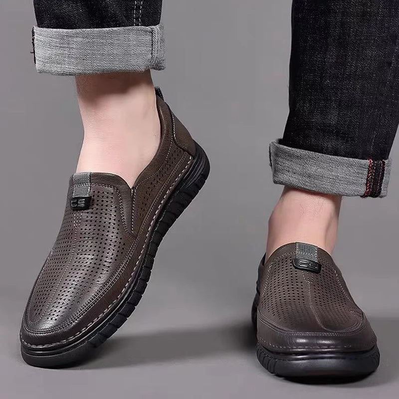 Men's Summer Hollow Slip-on Loafers, Breathable, Anti-slip & Wear-resistant, Soft Sole Casual Driving Shoes-WC886-1